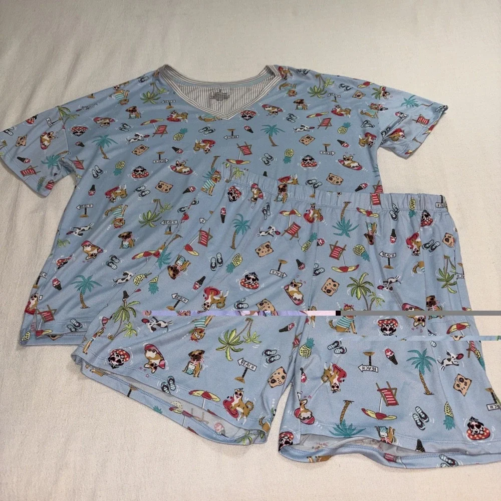 Cuddl Duds Women's 2pc Pajama Set Top & Shorts Size L Blue Dog Beach Print